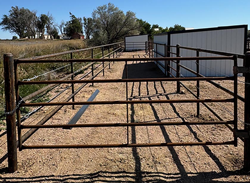 Pipe and Cable Fencing, with 3 Strands of Cable with a Rubrail. Working alley from the Cattle Pens to the Corral for the Working System once its completed in Phase Two. Constructed by Integrity Welding Service LLC, servicing the Front Range of Colorado.