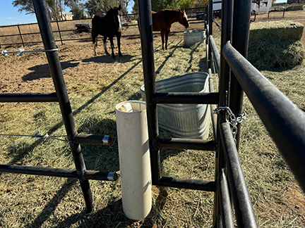 Pipe and Cable Fencing, with 3 Strands of Cable with a Rubrail. For horse pens and cattle corrals. Complete with Weld on Gates, and Feeder Fence Installed. Constructed by Integrity Welding Service LLC, servicing the Front Range of Colorado.